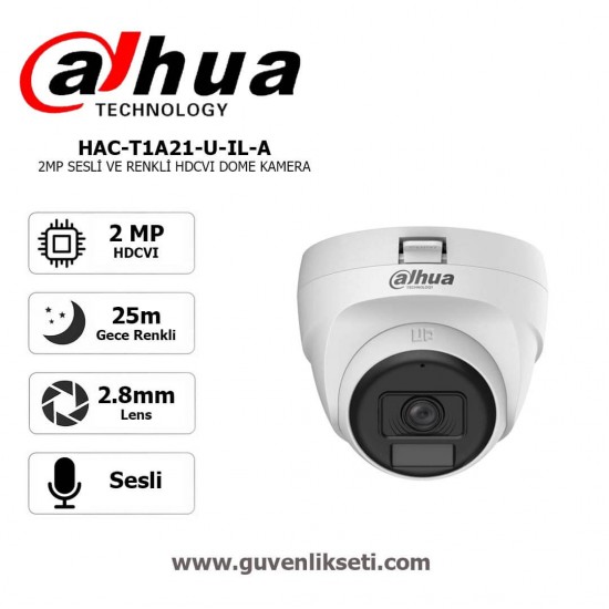 Dahua HAC-T1A21-U-IL-A 2MP gece renkli sesli full color dome güvenlik kamerası